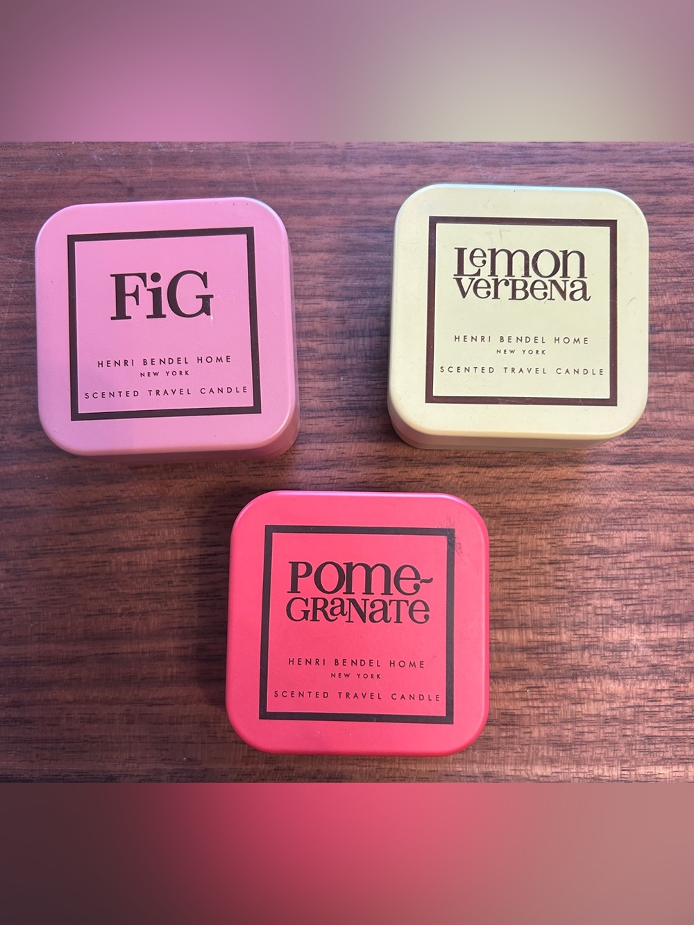 3 Henri Bendel Home Scented Travel Candles Fig, Lemon Verbena, pomegranate new